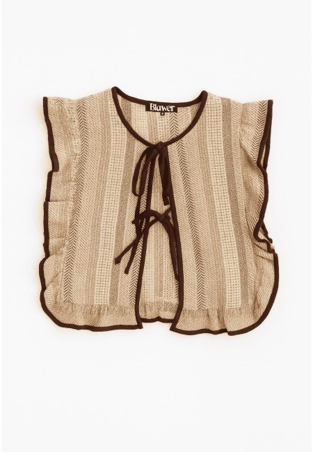 Chaleco boho mujer beige corto con ribetes marrones y lazo | Bluwer