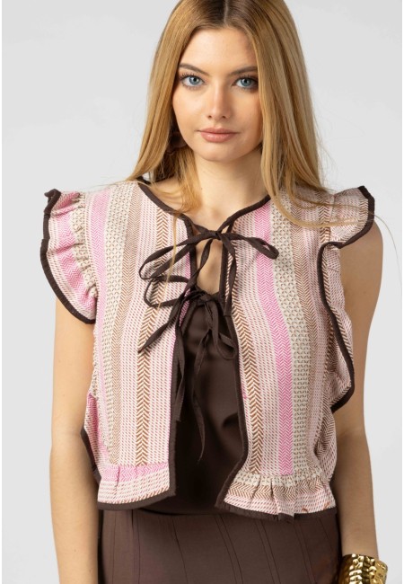 Chaleco boho mujer beige corto con ribetes marrones y lazo | Bluwer 2