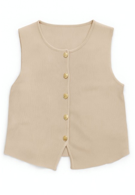 Chaleco beige mujer de punto fino con botones dorados | Bluwer
