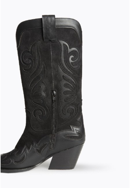 Botas cowboy negras mujer con tacón medio y bordados | Bluwer