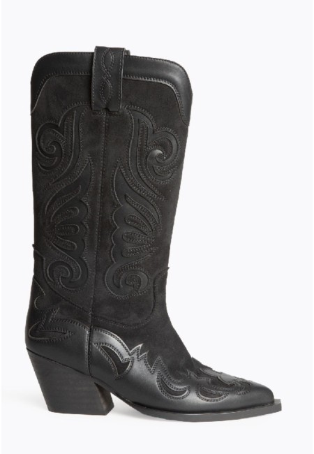 Botas cowboy negras mujer con tacón medio y bordados | Bluwer