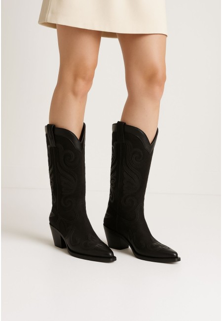 Botas cowboy negras mujer con tacón medio y bordados | Bluwer