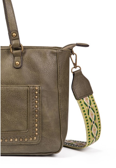 Bolso verde oliva mujer con tachuelas y correa étnica| Bluwer