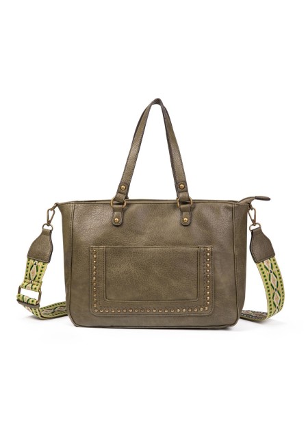 Bolso verde oliva mujer con tachuelas y correa étnica| Bluwer