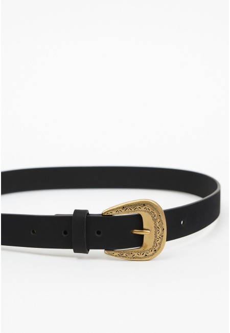Cinturón negro mujer con hebilla dorada grabada 3cm | Bluwer
