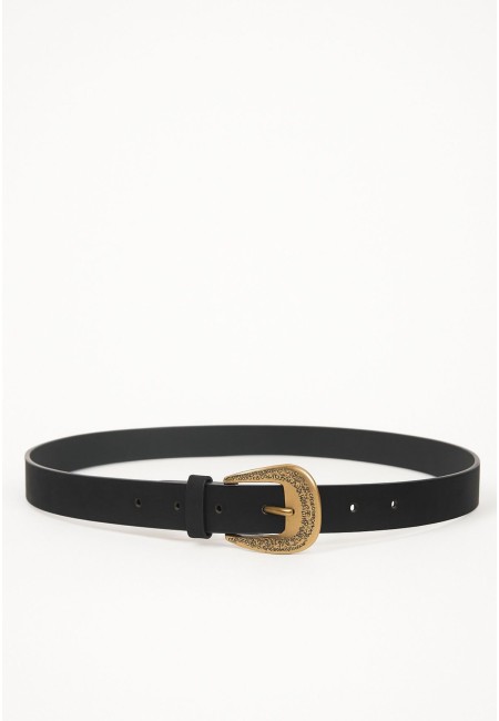 Cinturón negro mujer con hebilla dorada grabada 3cm | Bluwer