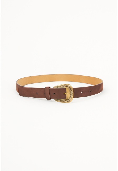 Cinturón marrón café mujer con hebilla dorada grabada 3cm | Bluwer
