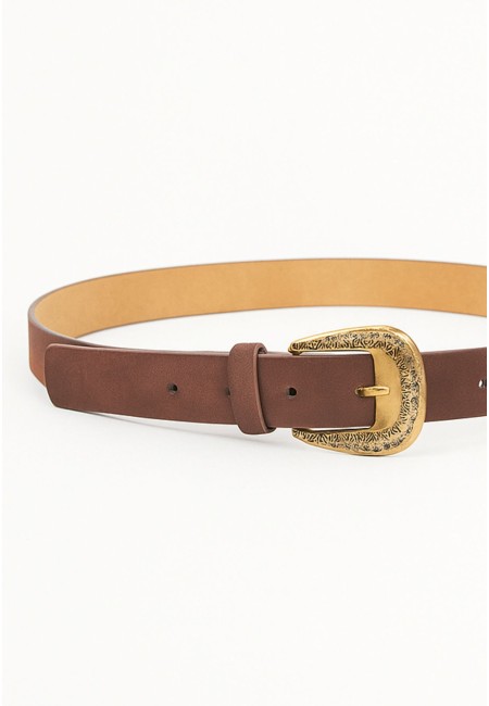 Cinturón marrón café mujer con hebilla dorada grabada 3cm | Bluwer
