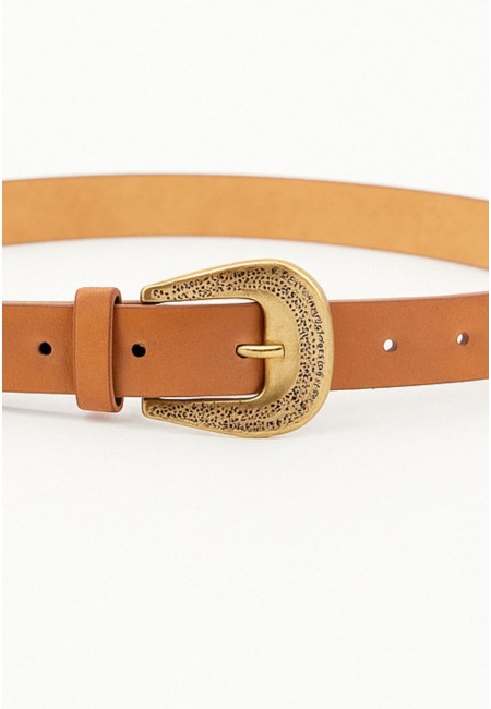 Cinturón camel mujer con hebilla dorada grabada 3cm | Bluwer 2