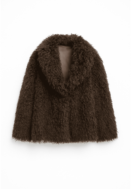 Abrigo de pelo rizado marrón con cuello envolvente