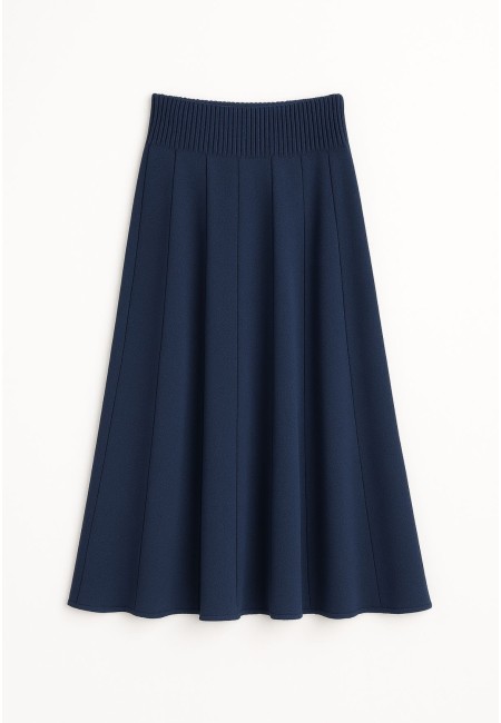 Falda de punto midi azul marino con vuelo elegante | Bluwer