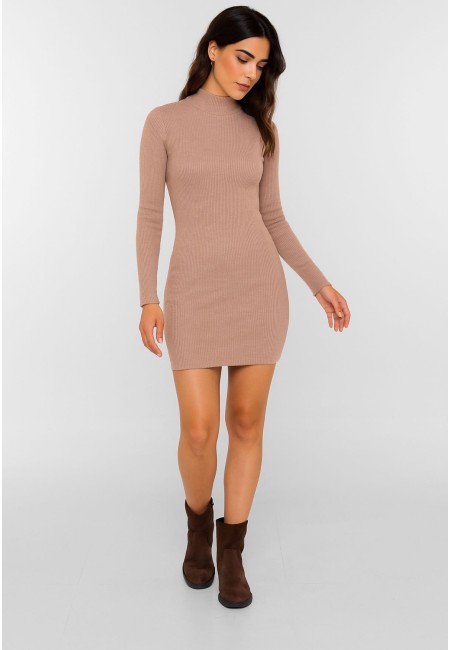 Vestido de punto canalé nude manga larga cuello alto | Bluwer