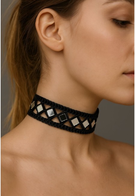 Choker negro estrecho con espejos geométricos