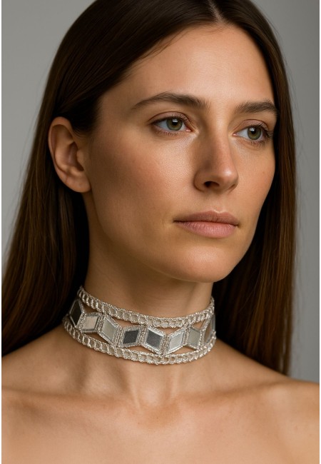 Choker plateado con espejos geométricos en rombos | Bluwer