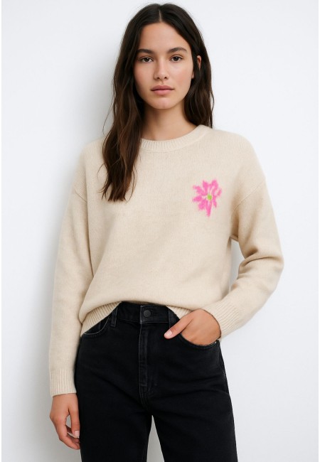 Jersey oversize beige mujer con estampado de flores | Bluwer