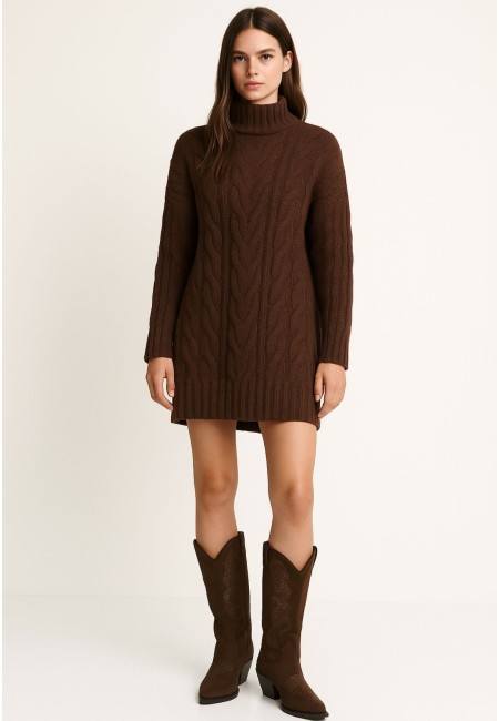 Vestido marrón de punto trenzado con cuello vuelto | Bluwer