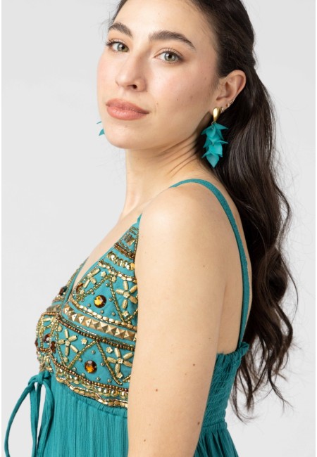 Vestido largo boho chic turquesa Zaira con abalorios | Bluwer
