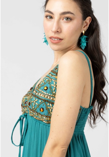 Vestido largo boho chic turquesa Zaira con abalorios | Bluwer