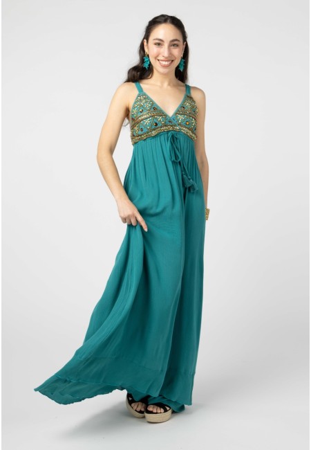 Vestido largo boho chic turquesa Zaira con abalorios | Bluwer