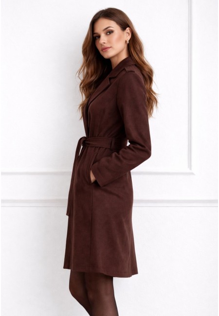 Abrigo efecto ante marrón chocolate con cinturón mujer | Bluwer