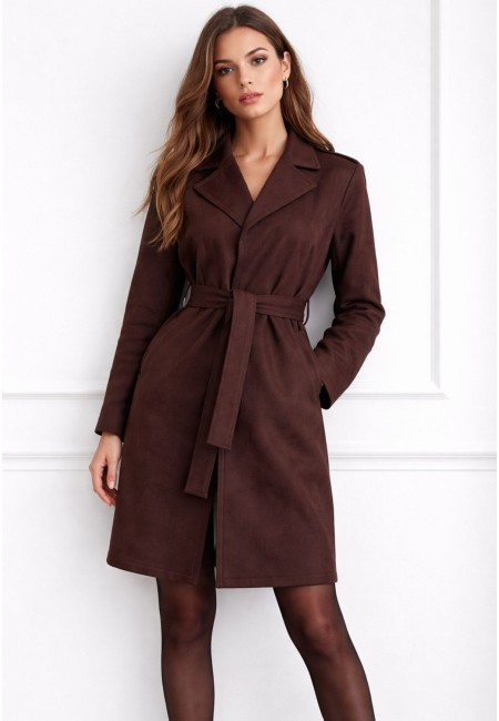 Abrigo efecto ante marrón chocolate con cinturón mujer | Bluwer