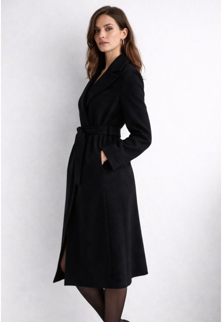 Abrigo negro mujer de paño con cinturón | Bluwer