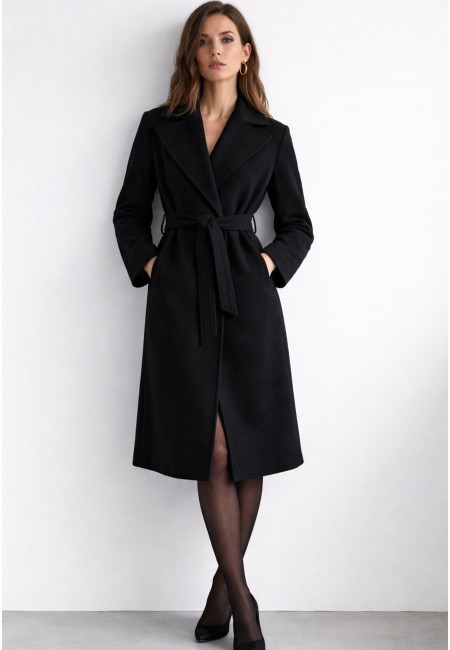 Abrigo negro mujer de paño con cinturón | Bluwer