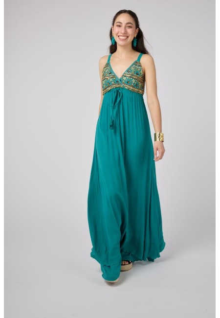 Vestido largo boho chic turquesa Zaira con abalorios | Bluwer