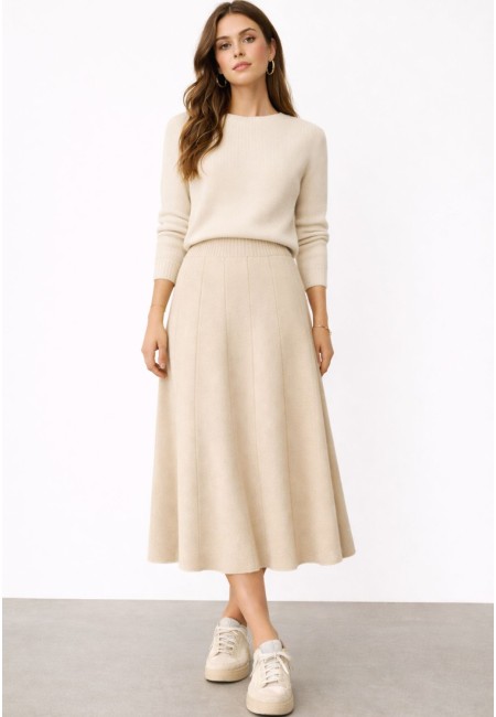 Falda midi beige de punto acanalado