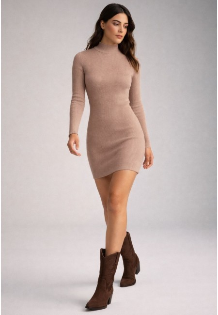Vestido de punto canalé nude manga larga cuello semi alto