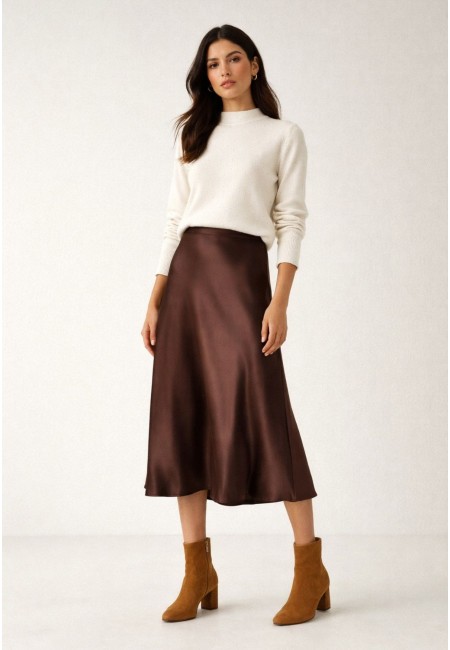 falda midi satinada chocolate