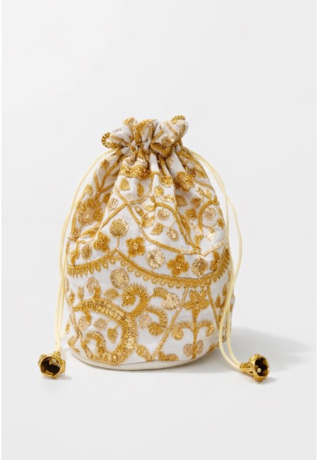 Bombonera blanca para eventos con bordados y lentejuelas doradas | Bluwer