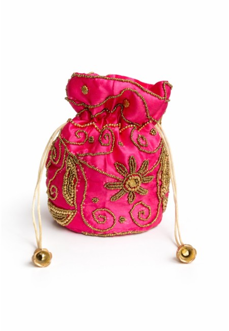 Bombonera fucsia de evento con bordado de abalorios dorado| Bluwer
