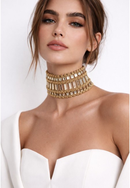 Choker dorado de espejos y abalorios multi-filas vertical