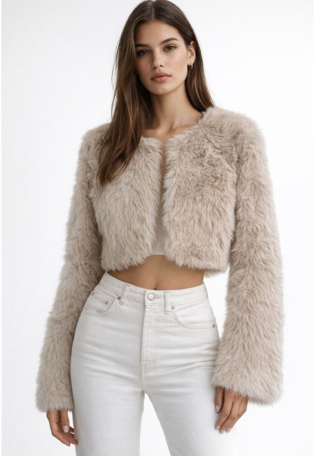 Chaqueta corta de pelo sintético beige mujer hasta 3XL | Bluwer