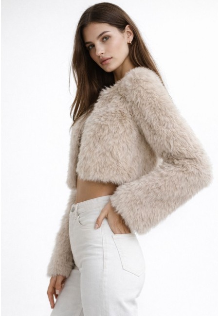 Chaqueta corta de pelo sintético beige mujer hasta 3XL | Bluwer