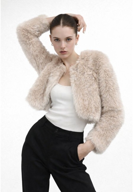 Chaqueta corta de pelo sintético beige mujer hasta 3XL | Bluwer