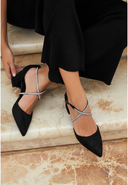 Zapato de tacón ancho negro con tiras de brillantes | Bluwer