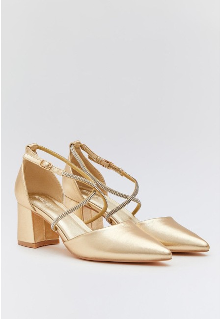 Zapato de invitada dorado con tacón ancho | Bluwer 2