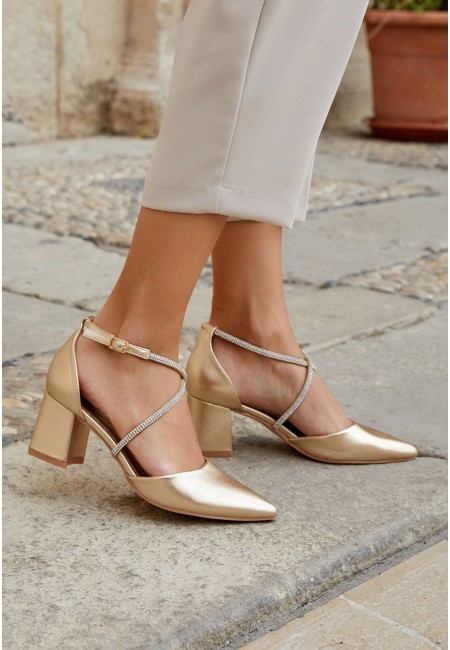 Zapato de invitada dorado con tacón ancho | Bluwer
