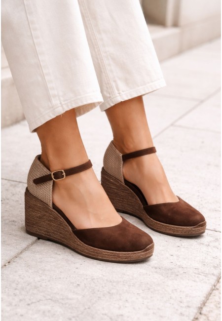 Alpargatas cuña plataforma valenciana con yute y hebilla marrón chocolate