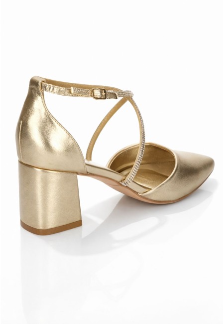 Zapato de invitada dorado con tacón ancho | Bluwer
