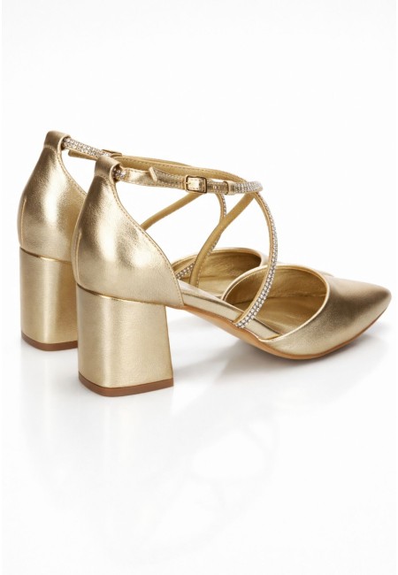 Zapato de invitada dorado con tacón ancho | Bluwer