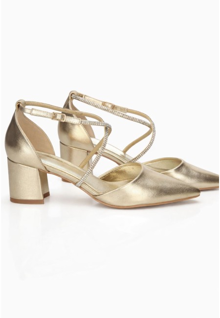 Zapato de invitada dorado con tacón ancho | Bluwer