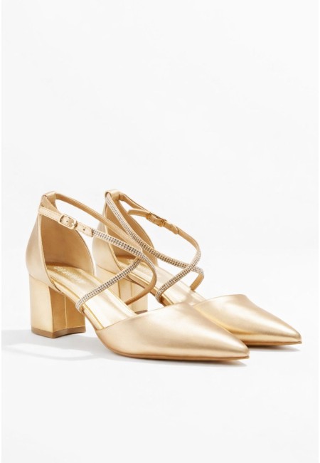 Zapato de invitada dorado con tacón ancho | Bluwer