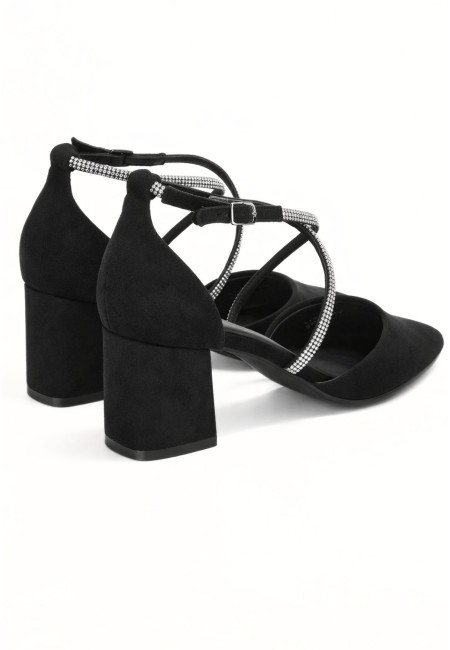 Zapato de tacón ancho negro con tiras de brillantes | Bluwer