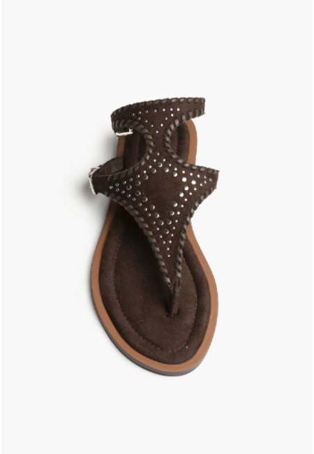 Sandalia plana esclava marrón chocolate con tachas | Bluwer 2