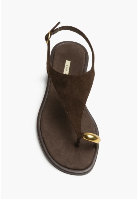 Sandalia plana marrón chocolate con anillo y hebillas | Bluwer 2