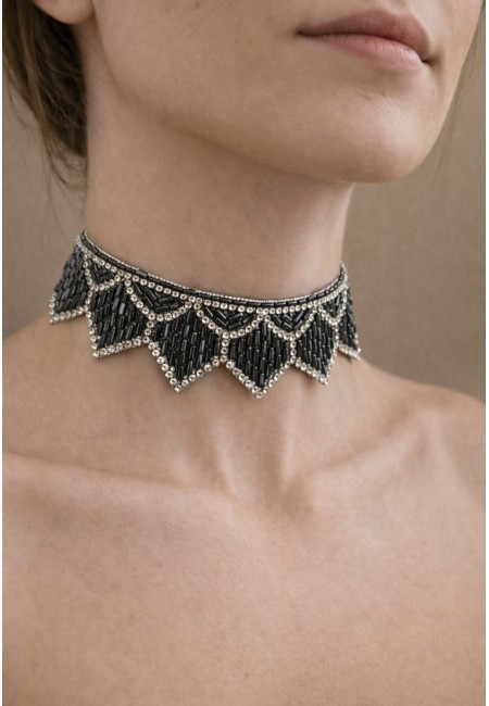 Choker joya azul grisáceo geométrico con abalorios y cristales - vista frontal