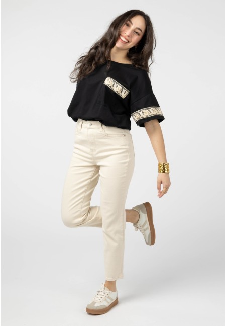 Camiseta negra mujer con detalle étnico  | Bluwer